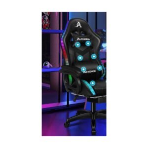 360-1 ALFORDSON Marc LED Gaming Chair with Massage Lumbar Cushion (Faux Leather) — Black