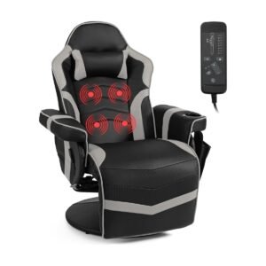 388-1 COSTWAY Massage Gaming Recliner with Footrest and Cup Holder (PU Leather) — Grey
